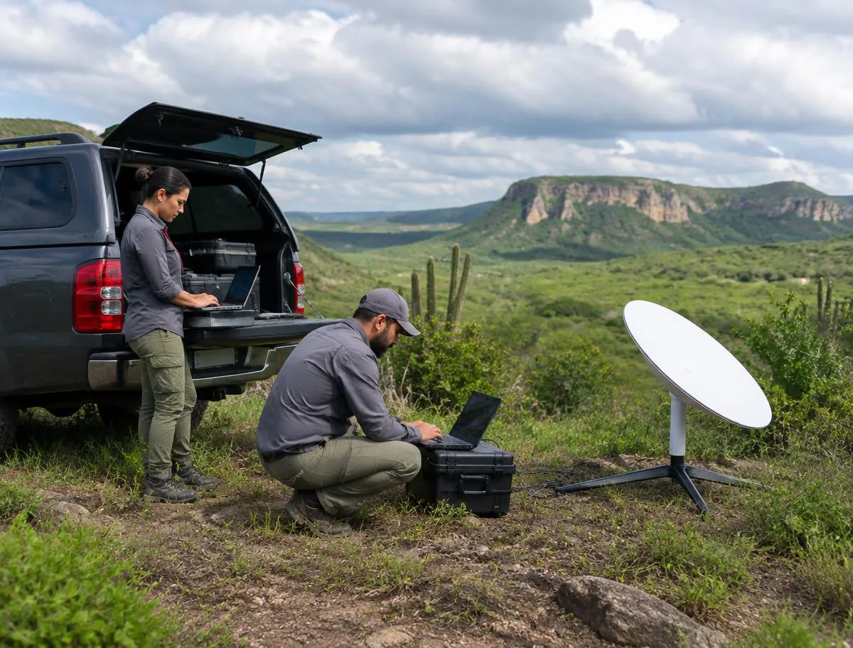Equipe externa utilizando antena via satélite ao lado de veículo parado